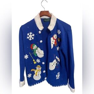 Lemon Grass Cotton Blend Size M Snowman Cardigan Vintage Blue & White